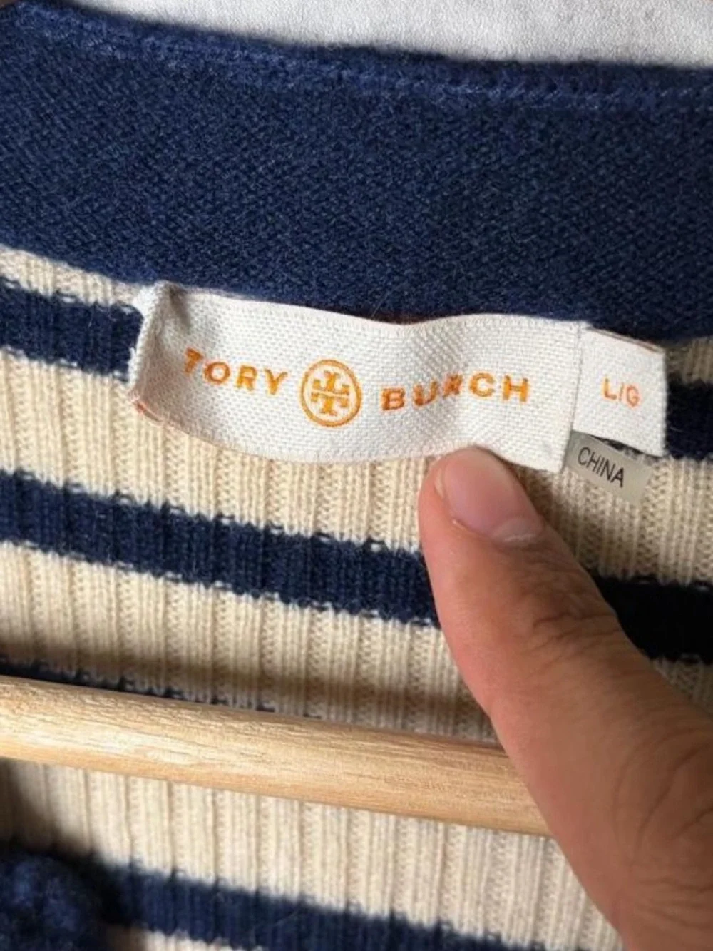 Tory Burch Striped Navy and Cream V-Neck Soft Fine Sweater Top L